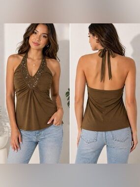 A. Byer Brown Y2K Beaded Halter Top Ruched Front Womens Size Large